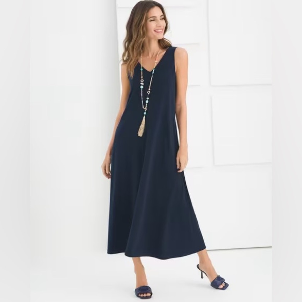 Chico’s V-Neck Sleeveless Blue Maxi Dress Size L Smart Casual
